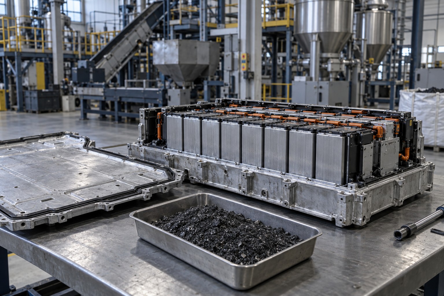 EV battery modules and recovered materials in an industrial setting.