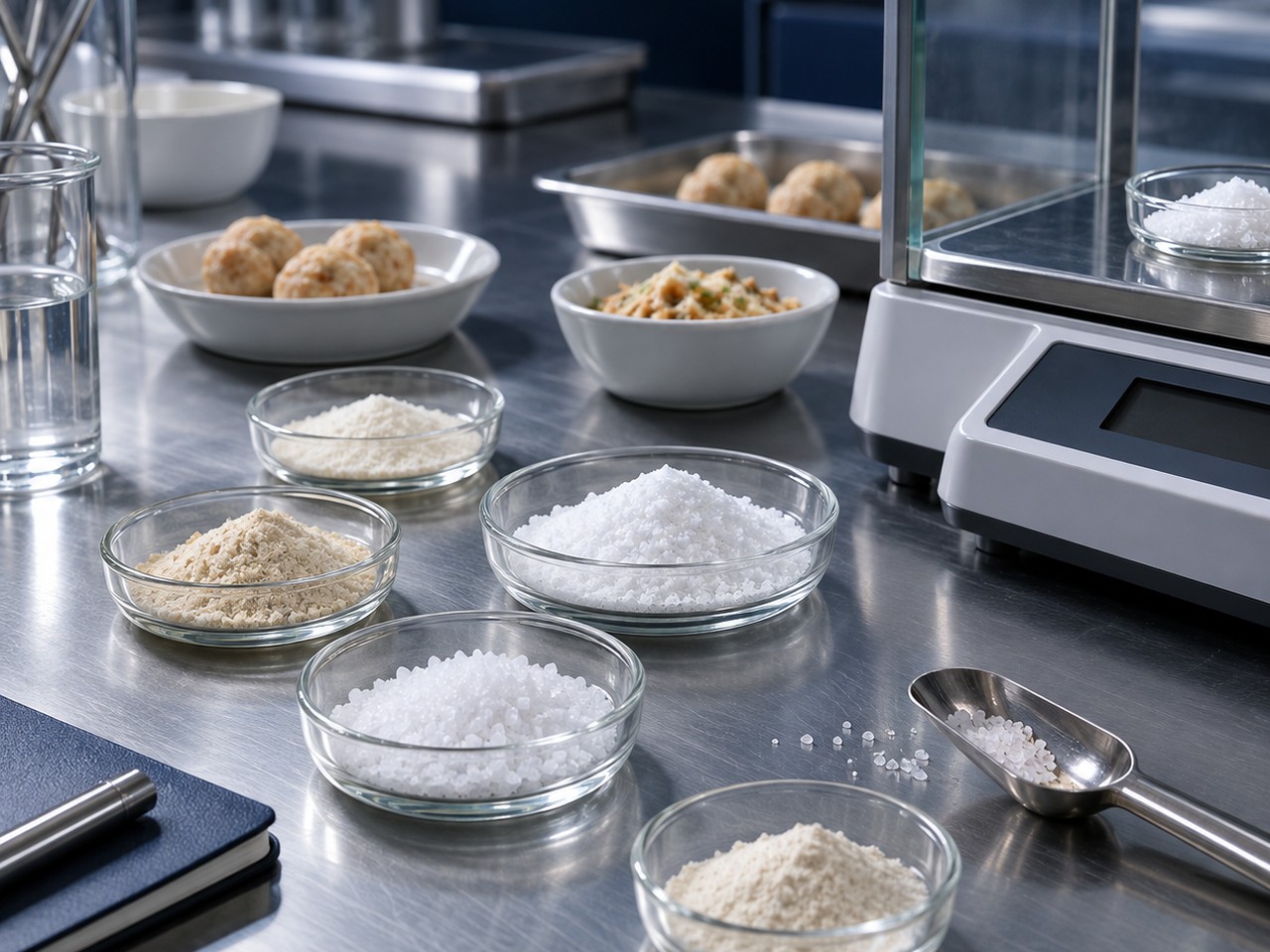 Measured formulation ingredients and precision weighing equipment.